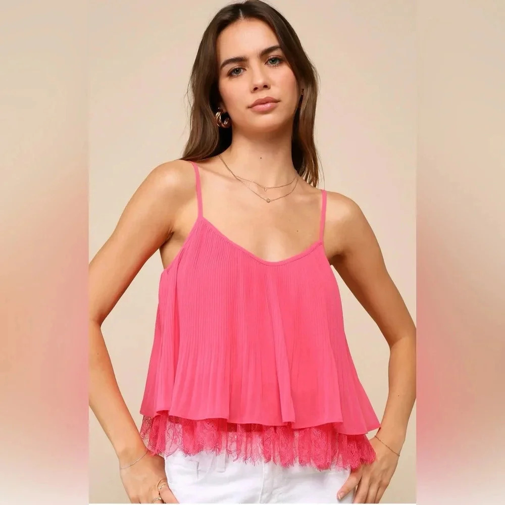 Lulus Hot Pink Plisse Cami Top Lace